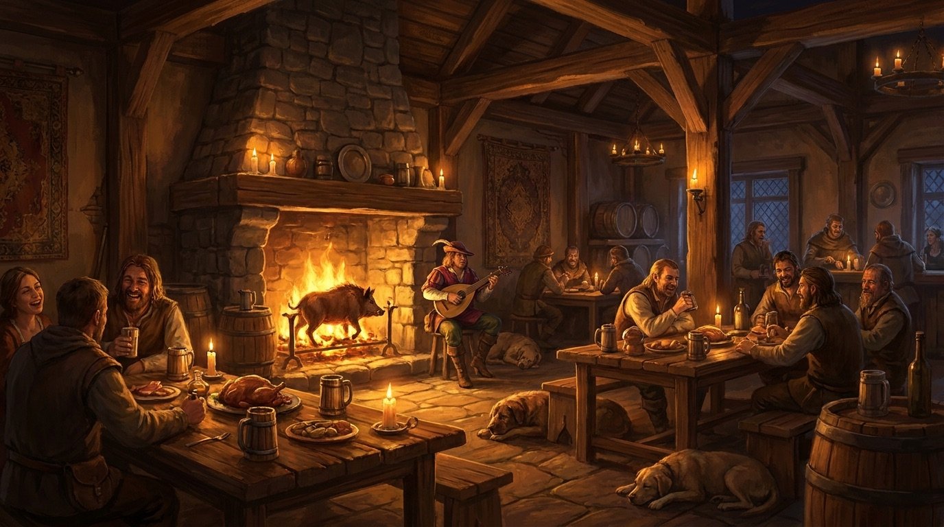 A warm candlelit tavern